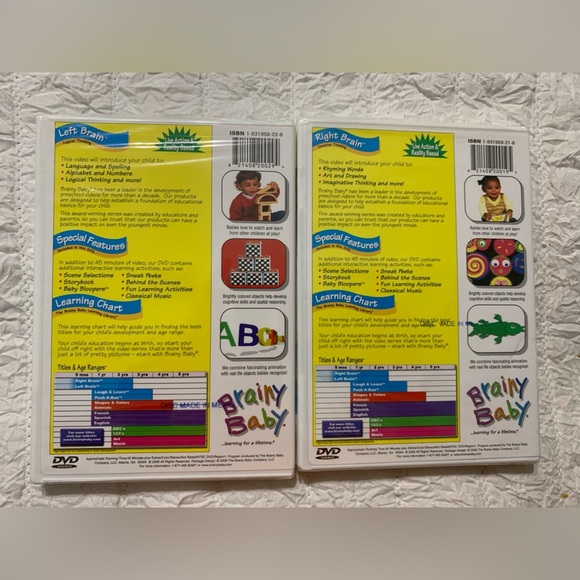 BRAINY BABY LEARNING DVD’S. Set of 2. LEFT BRAIN and RIGHT BRAIN. Brand new - Picture 2 of 2